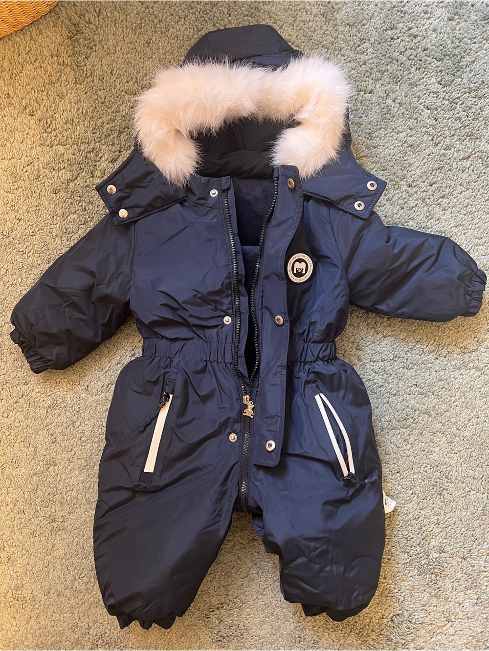 MURMURBEAR 90cm 12-24 Month Baby Navy Snowsuit with Removable Faux Fur Trim